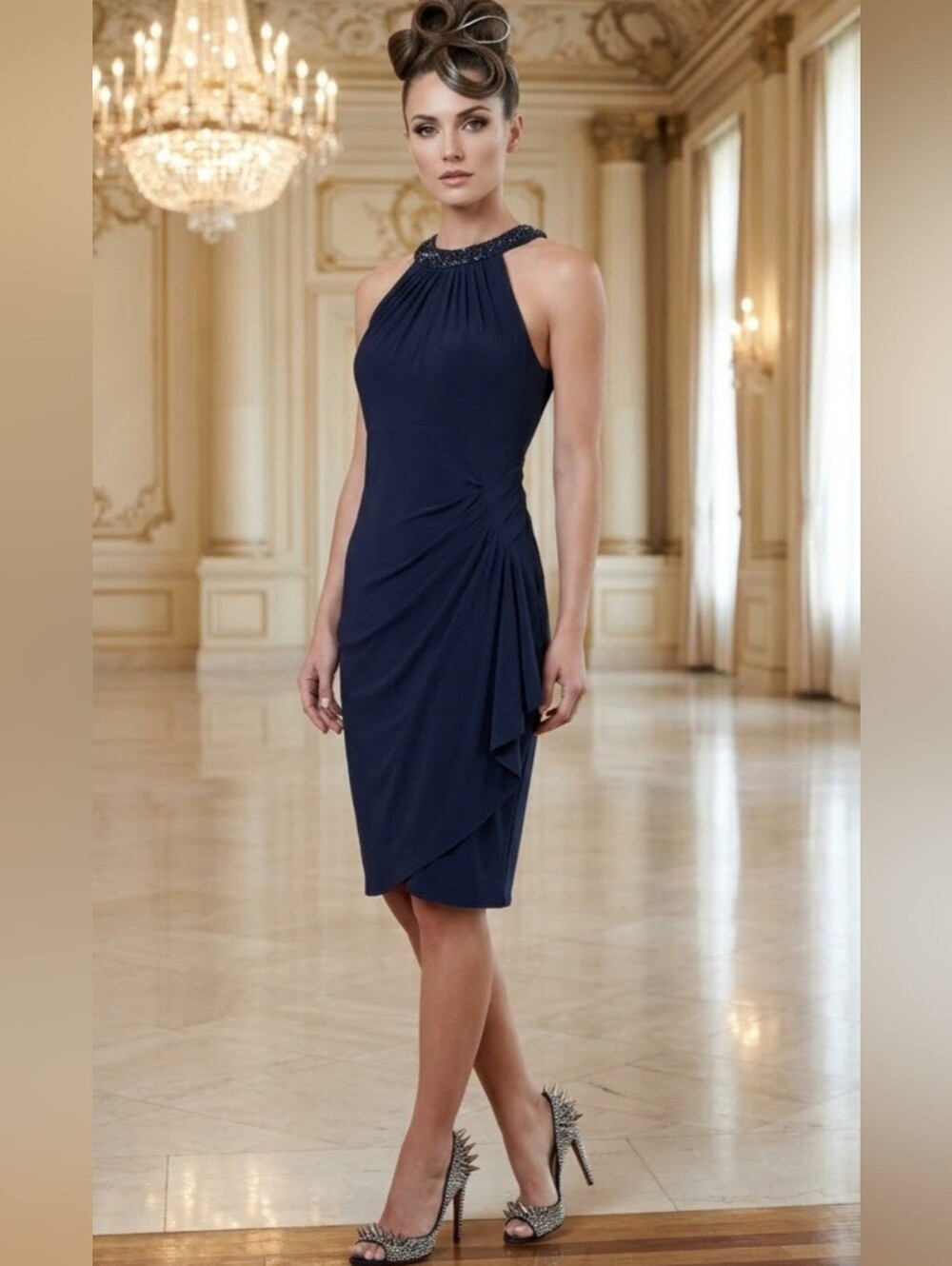 LE CHATEAU💙NWOT BEAUTIFUL Beaded Halter-Neck NAVYSheath Midi ROUCHED BACK Sz M